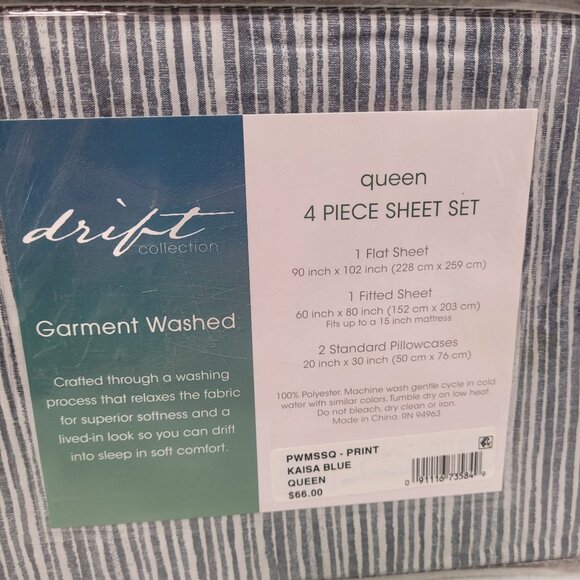 Drift Collection Queen Garment Washed 4-Piece Sheet Set Kaisa Blue Striped - Picture 4 of 6